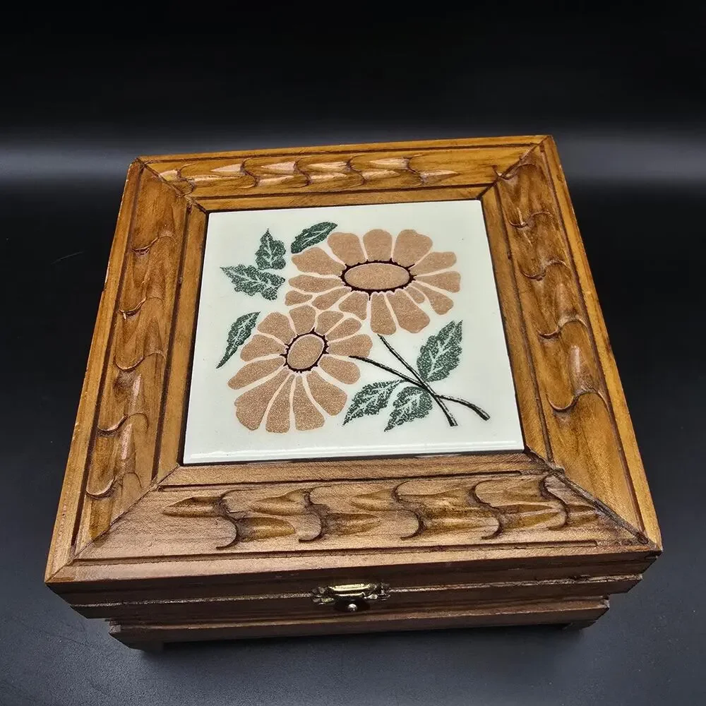 Vintage Floral Tile Wood Box Jewelry Box Trinket Box 1970s
